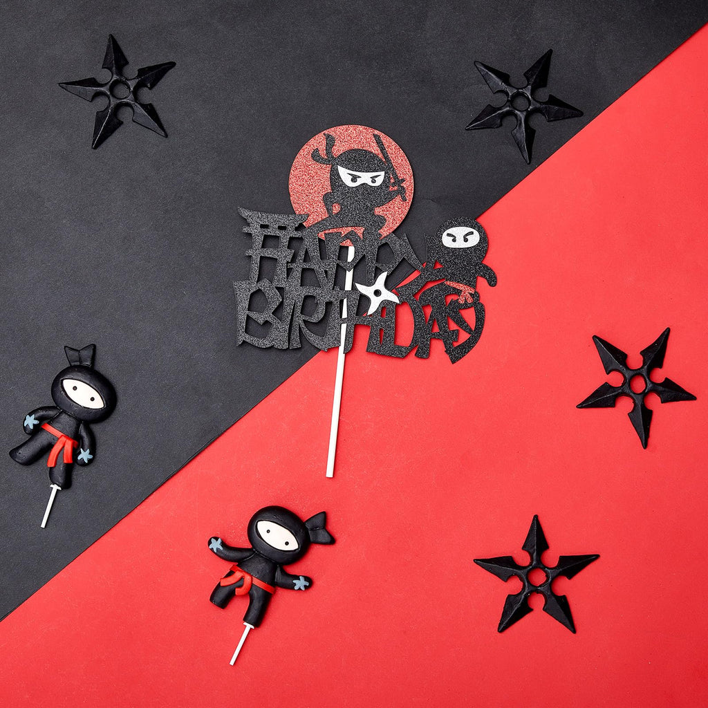 Wonderjune 9-Piece Ninja Cake Toppers – Black & Red Ceramic Decorations for Karate/Kung Fu Birthday Parties