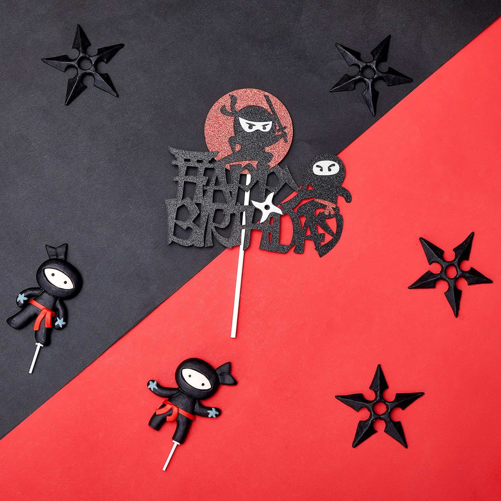 Wonderjune 9-Piece Ninja Cake Toppers – Black & Red Ceramic Decorations for Karate/Kung Fu Birthday Parties