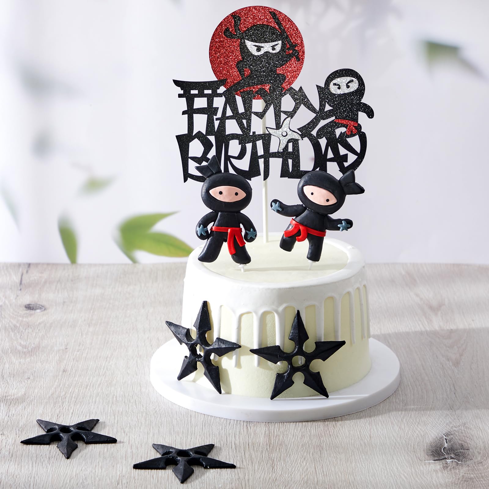 Wonderjune 9-Piece Ninja Cake Toppers – Black & Red Ceramic Decorations for Karate/Kung Fu Birthday Parties