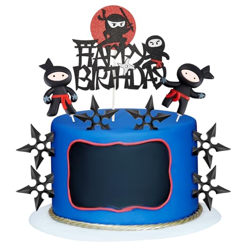 Wonderjune 9-Piece Ninja Cake Toppers – Black & Red Ceramic Decorations for Karate/Kung Fu Birthday Parties