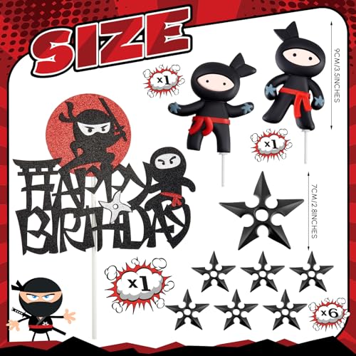 Wonderjune 9-Piece Ninja Cake Toppers – Black & Red Ceramic Decorations for Karate/Kung Fu Birthday Parties