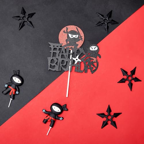 Wonderjune 9-Piece Ninja Cake Toppers – Black & Red Ceramic Decorations for Karate/Kung Fu Birthday Parties