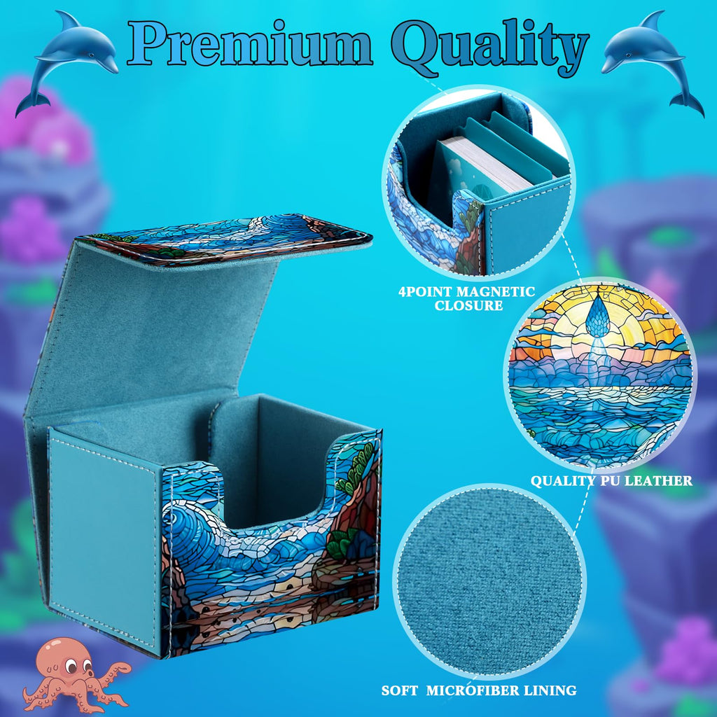 Wonderjune Blue Leather Card Box for MTG & TCG Cards – Holds 120+ Sleeved Cards with Strong Magnet & 2 Dividers