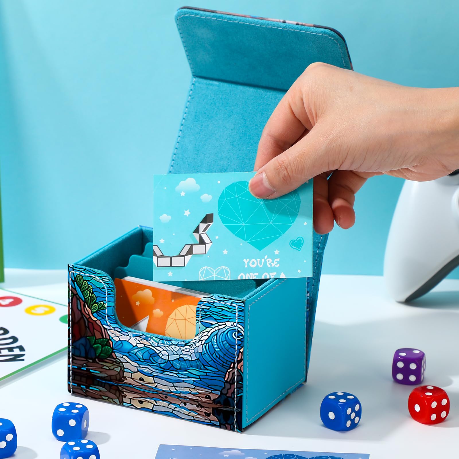 Wonderjune Blue Leather Card Box for MTG & TCG Cards – Holds 120+ Sleeved Cards with Strong Magnet & 2 Dividers