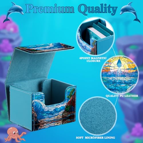 Wonderjune Blue Leather Card Box for MTG & TCG Cards – Holds 120+ Sleeved Cards with Strong Magnet & 2 Dividers