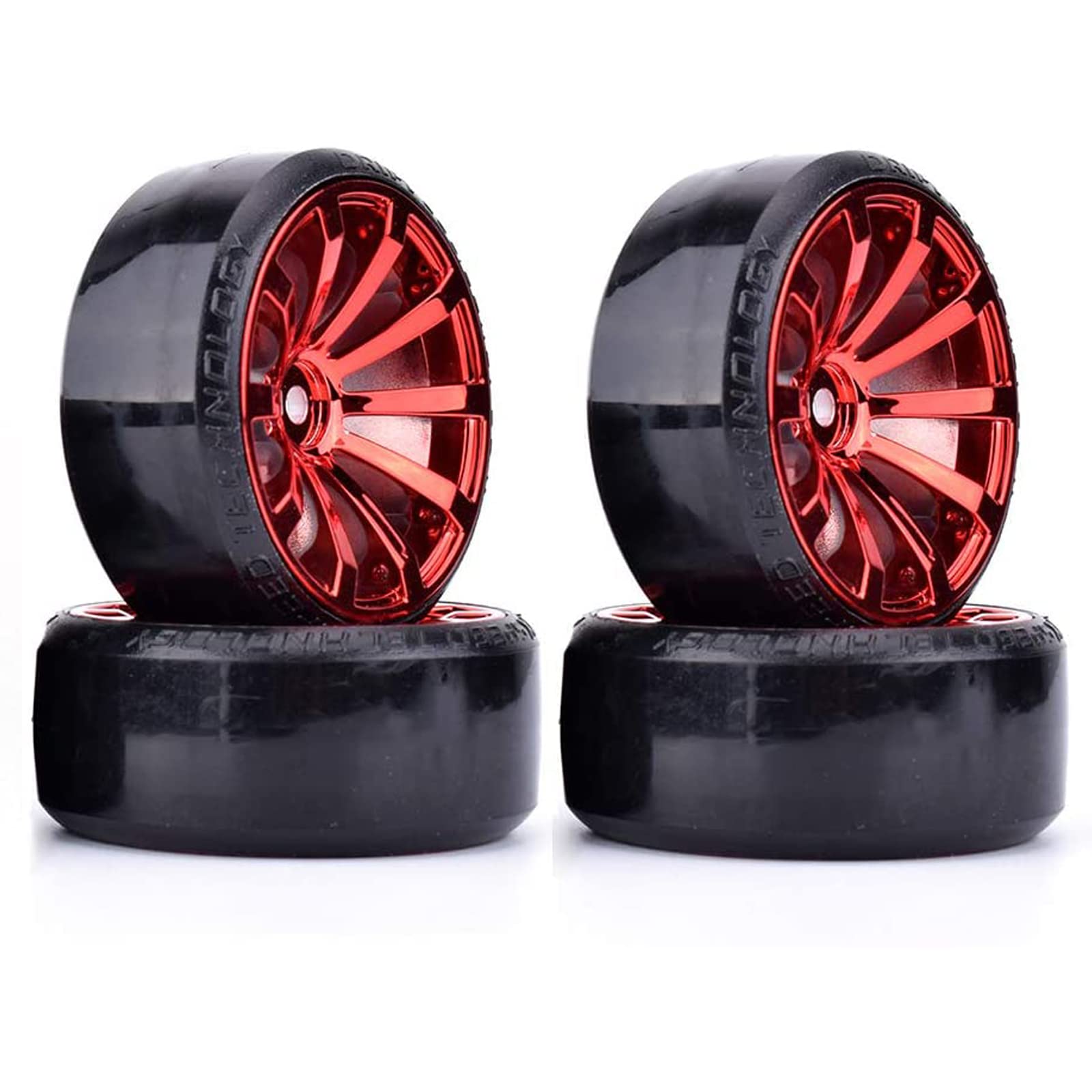 WONFAST RC Drift Car Wheel and Tire Set - 63mm Hard Plastic Tires for 1/10 On-Road Drifting (Red, 4-Pack)