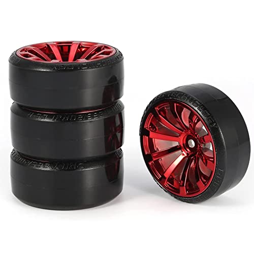 WONFAST RC Drift Car Wheel and Tire Set - 63mm Hard Plastic Tires for 1/10 On-Road Drifting (Red, 4-Pack)