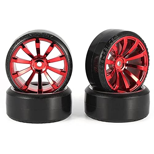 WONFAST RC Drift Car Wheel and Tire Set - 63mm Hard Plastic Tires for 1/10 On-Road Drifting (Red, 4-Pack)