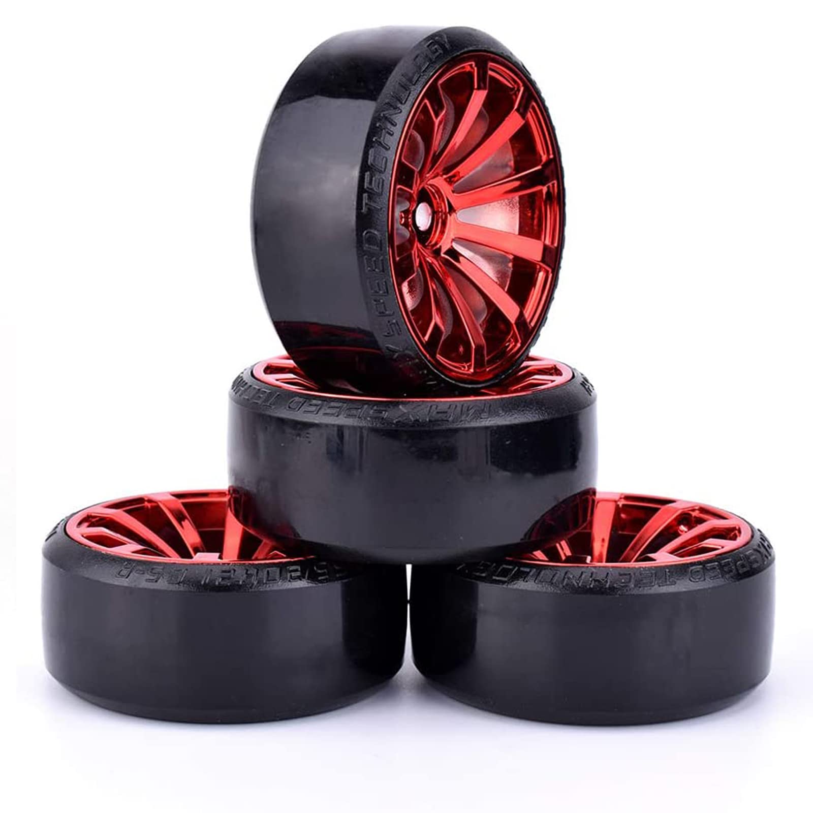 WONFAST RC Drift Car Wheel and Tire Set - 63mm Hard Plastic Tires for 1/10 On-Road Drifting (Red, 4-Pack)