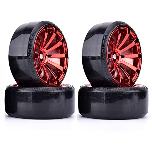 WONFAST RC Drift Car Wheel and Tire Set - 63mm Hard Plastic Tires for 1/10 On-Road Drifting (Red, 4-Pack)