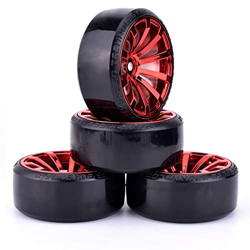 WONFAST RC Drift Car Wheel and Tire Set - 63mm Hard Plastic Tires for 1/10 On-Road Drifting (Red, 4-Pack)