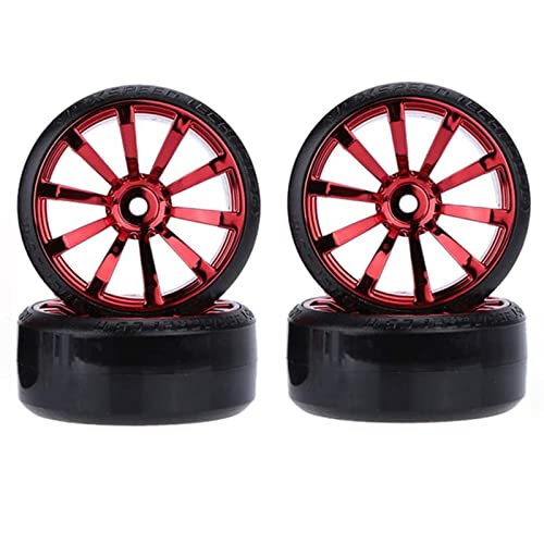 WONFAST RC Drift Car Wheel and Tire Set - 63mm Hard Plastic Tires for 1/10 On-Road Drifting (Red, 4-Pack)