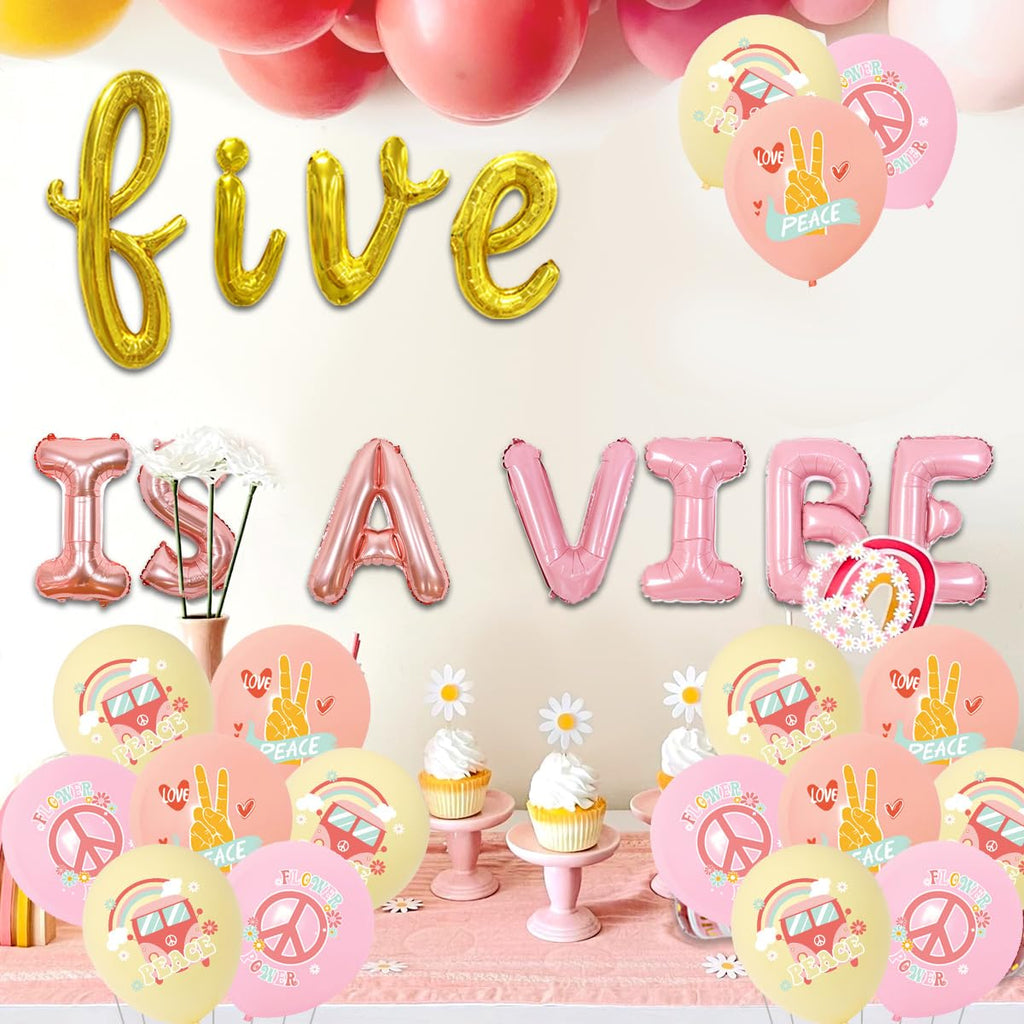 Wonmelody Rose Gold Pink 5th Birthday Balloon Banner - Groovy Hippie Retro Set with Foil Balloons, Daisies & Rainbow Balloon for Girls Party