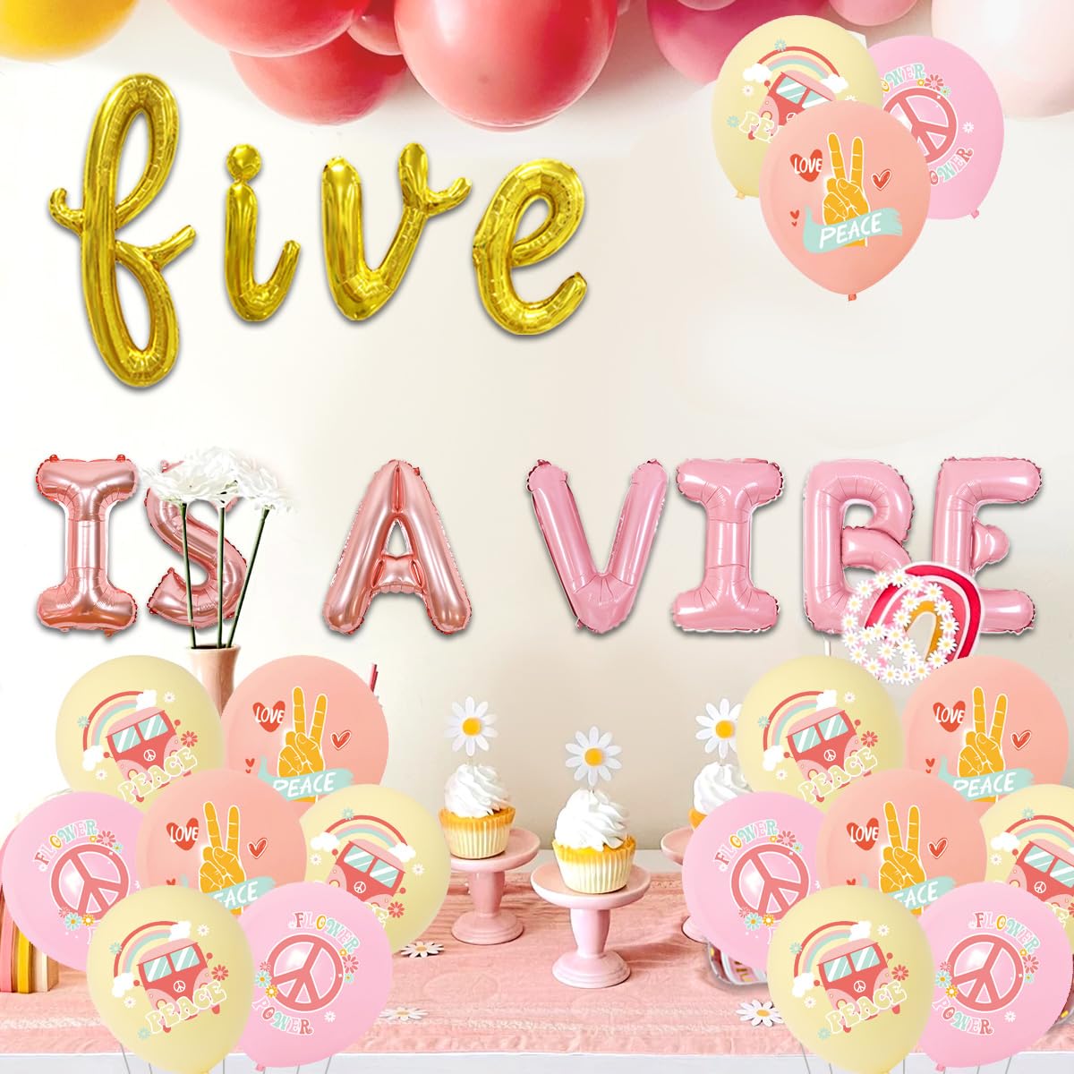 Wonmelody Rose Gold Pink 5th Birthday Balloon Banner - Groovy Hippie Retro Set with Foil Balloons, Daisies & Rainbow Balloon for Girls Party
