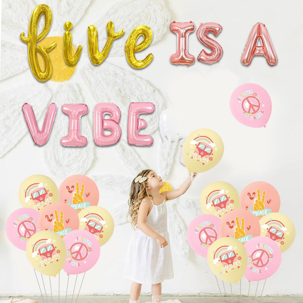 Wonmelody Rose Gold Pink 5th Birthday Balloon Banner - Groovy Hippie Retro Set with Foil Balloons, Daisies & Rainbow Balloon for Girls Party