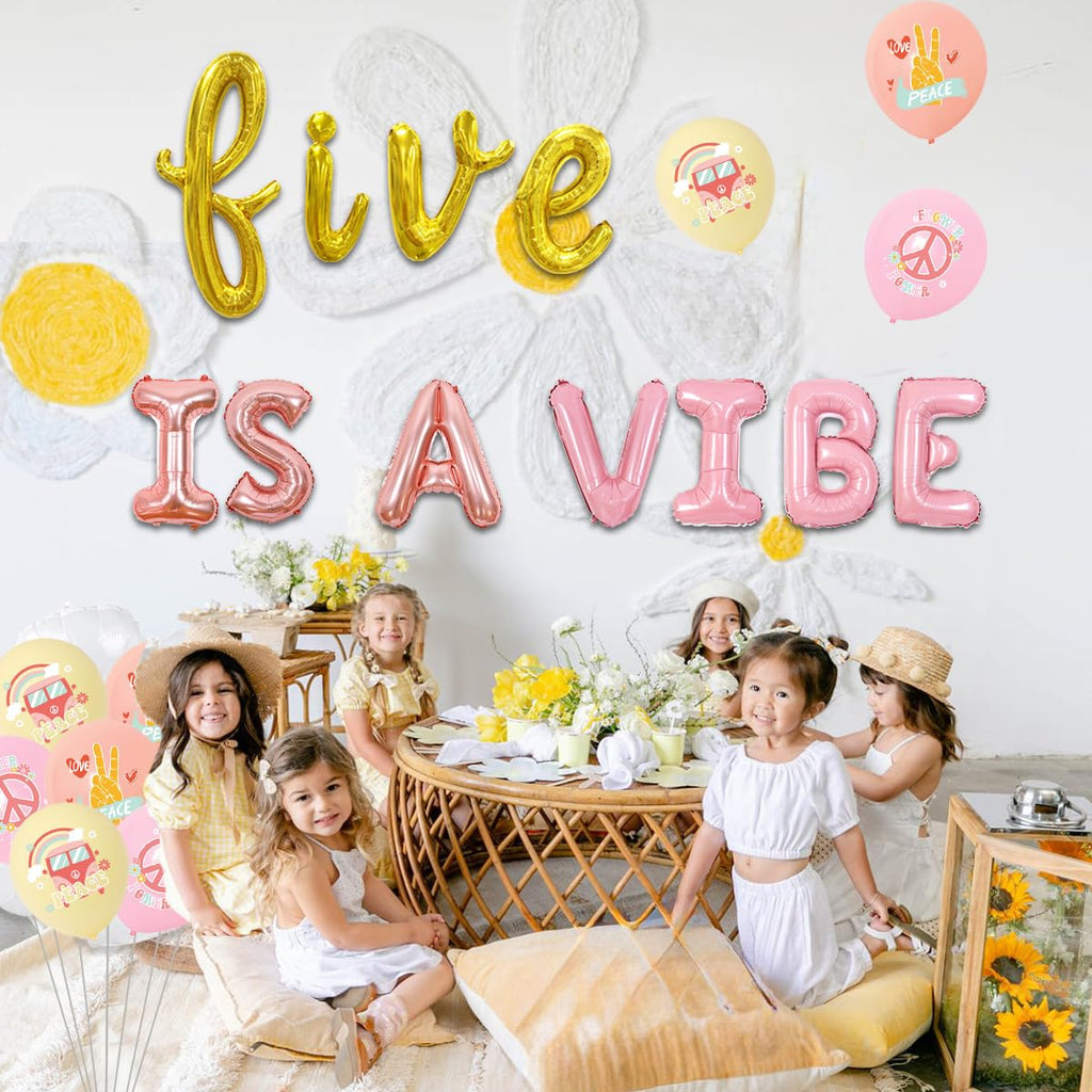 Wonmelody Rose Gold Pink 5th Birthday Balloon Banner - Groovy Hippie Retro Set with Foil Balloons, Daisies & Rainbow Balloon for Girls Party