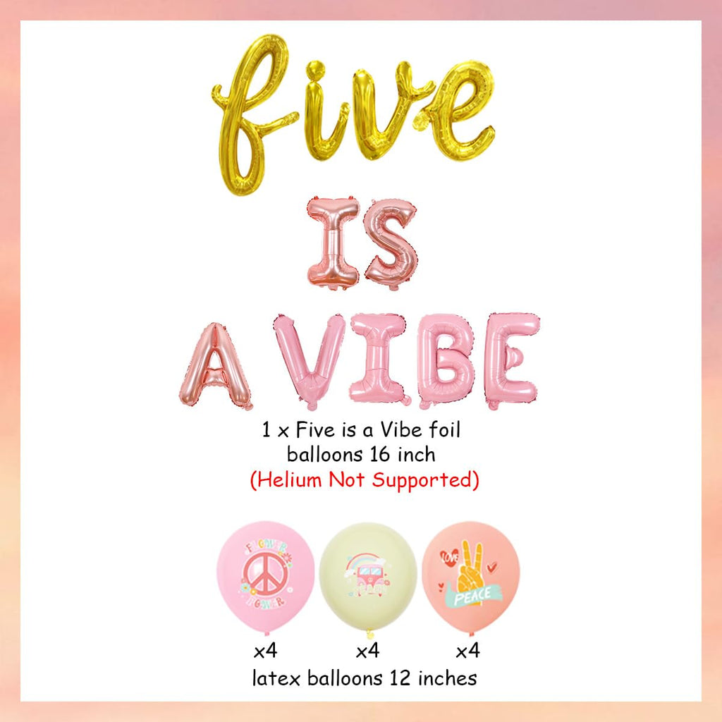 Wonmelody Rose Gold Pink 5th Birthday Balloon Banner - Groovy Hippie Retro Set with Foil Balloons, Daisies & Rainbow Balloon for Girls Party
