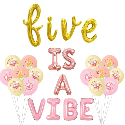 Wonmelody Rose Gold Pink 5th Birthday Balloon Banner - Groovy Hippie Retro Set with Foil Balloons, Daisies & Rainbow Balloon for Girls Party