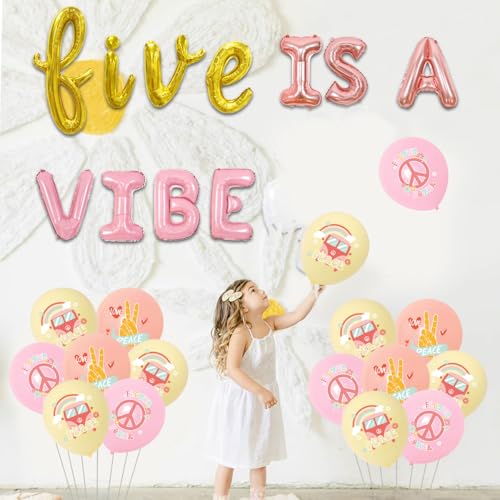 Wonmelody Rose Gold Pink 5th Birthday Balloon Banner - Groovy Hippie Retro Set with Foil Balloons, Daisies & Rainbow Balloon for Girls Party