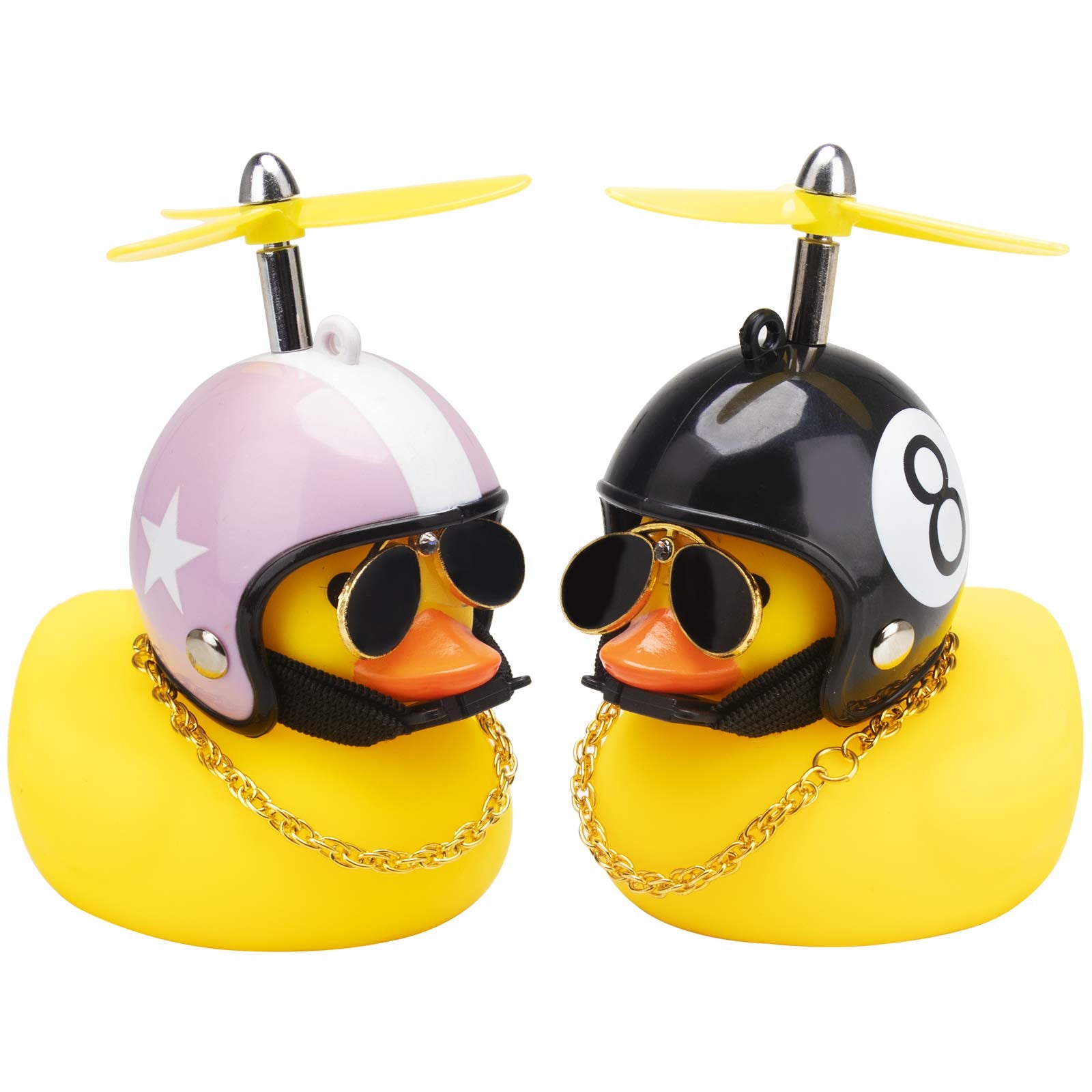 wonuu Car Duck 2-Pack: Rubber Duck Dashboard Decorations with Spinning Propeller, Glasses & Gold Chain
