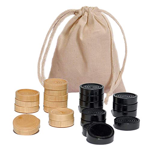 Wood Backgammon Checkers 30-Piece Set - Black & Natural 1.125 inch Diameter with Drawstring Bag