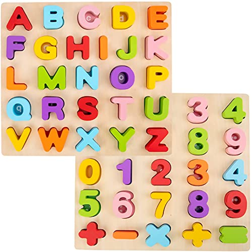 WOOD CITY Wooden Alphabet & Number Puzzle Set (2 Pack) – ABC Letters and 123 Numbers for Toddlers 1-5, Preschool Learning Toy, Educational Gift