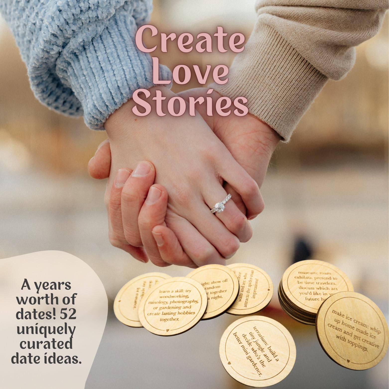 Wood Enchantments Date Night Box - 52 Romantic Date Ideas on Wooden Coins with Decision Maker Coin, Beechwood, Classic Edition