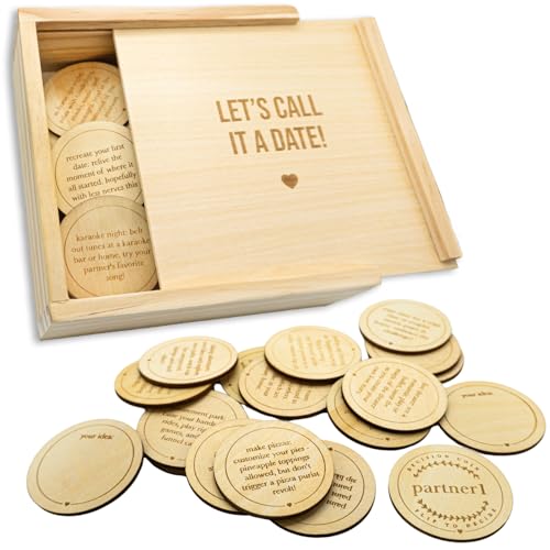 Wood Enchantments Date Night Box - 52 Romantic Date Ideas on Wooden Coins with Decision Maker Coin, Beechwood, Classic Edition