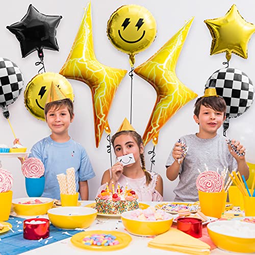 Wood Homing 8-Pack 18-Inch Smile Face & Checkered Helium Balloons – Yellow Lightning and Star Foil Balloons for Birthday Party Decor