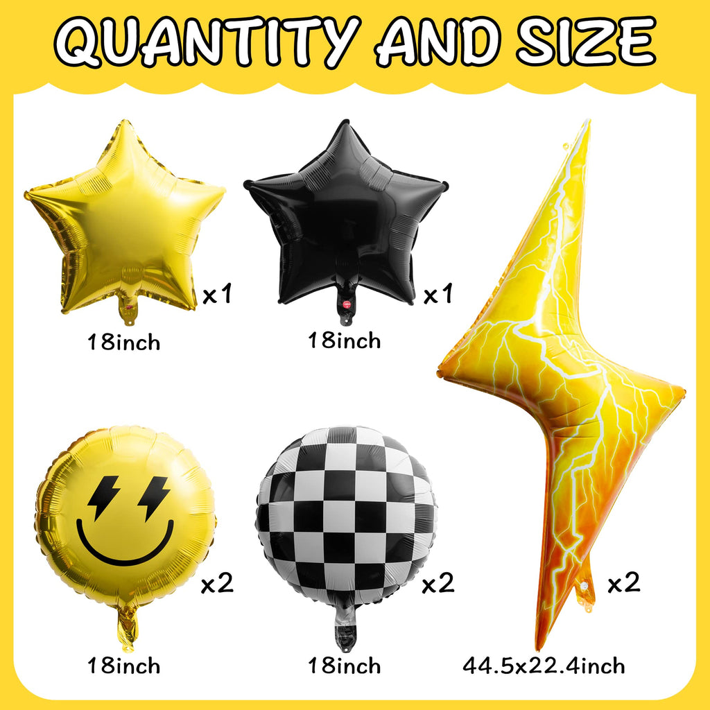 Wood Homing 8-Pack 18-Inch Smile Face & Checkered Helium Balloons – Yellow Lightning and Star Foil Balloons for Birthday Party Decor