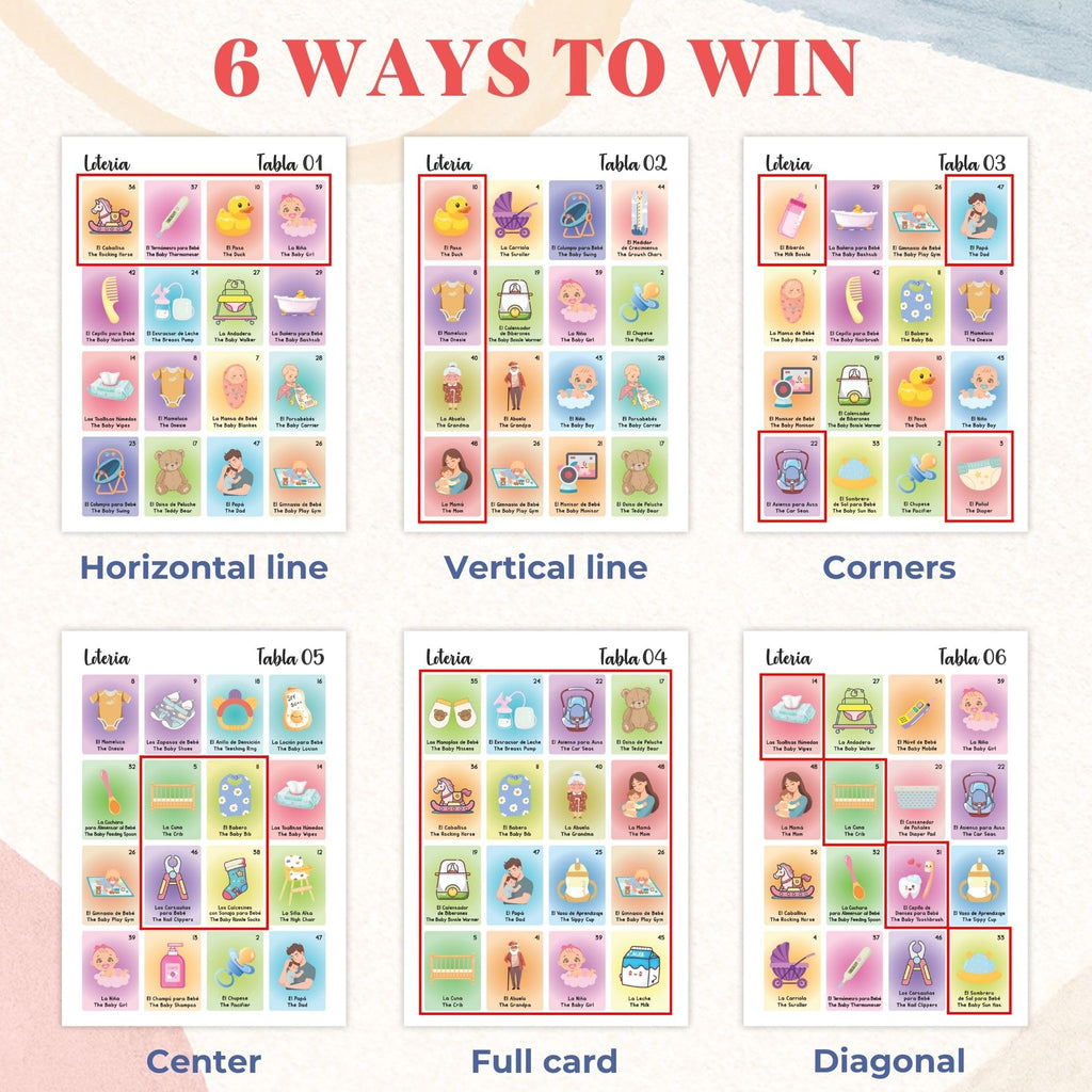 WOODAMORE Baby Shower Loteria Bilingual Game – 50 Cards, 54 Calling Cards, Chips for 40 Players