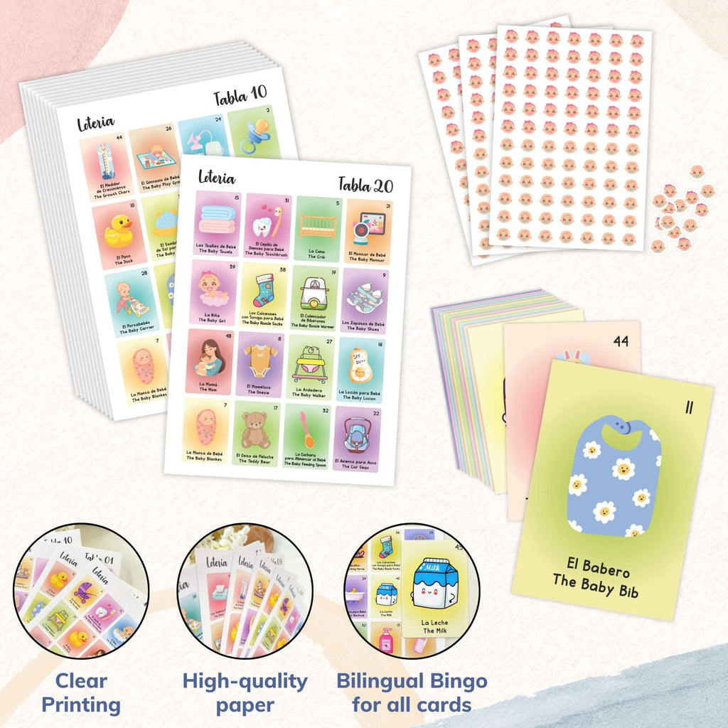 WOODAMORE Baby Shower Loteria Bilingual Game – 50 Cards, 54 Calling Cards, Chips for 40 Players