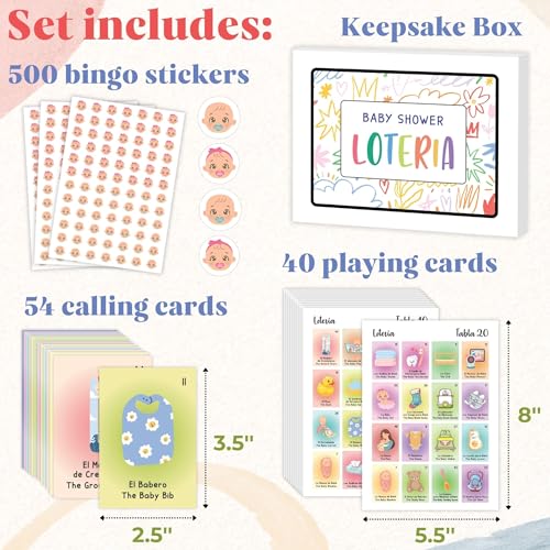 WOODAMORE Baby Shower Loteria Bilingual Game – 50 Cards, 54 Calling Cards, Chips for 40 Players