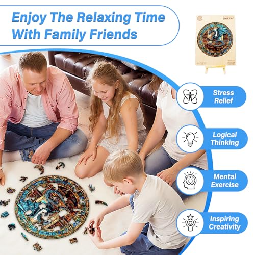 WOODBESTS 100-Piece Wooden Puzzle for Adults – Dragon's Library, 8.5"x8.5" Unique Cut Jigsaw