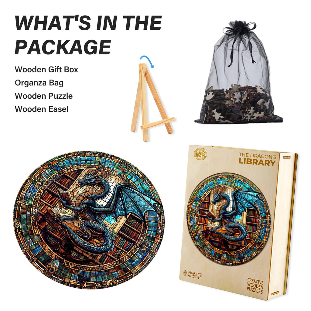 WOODBESTS 100-Piece Wooden Puzzle for Adults – Dragon's Library, 8.5"x8.5" Unique Cut Jigsaw