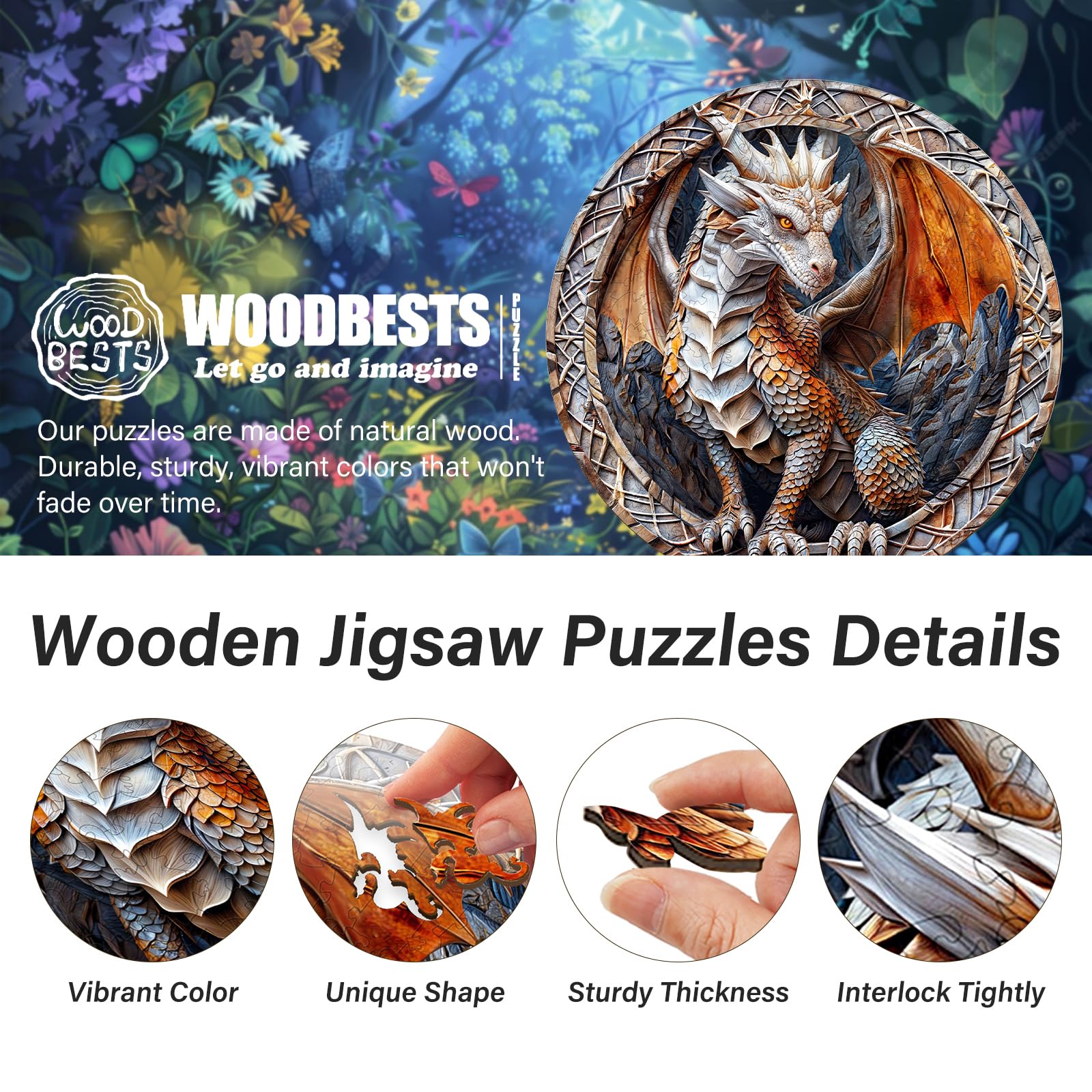 WOODBESTS Wooden Jigsaw Puzzle for Adults – 300 Piece Guardian Dragon, 13.4x13.4 Inches, Unique Shape, Wooden Box