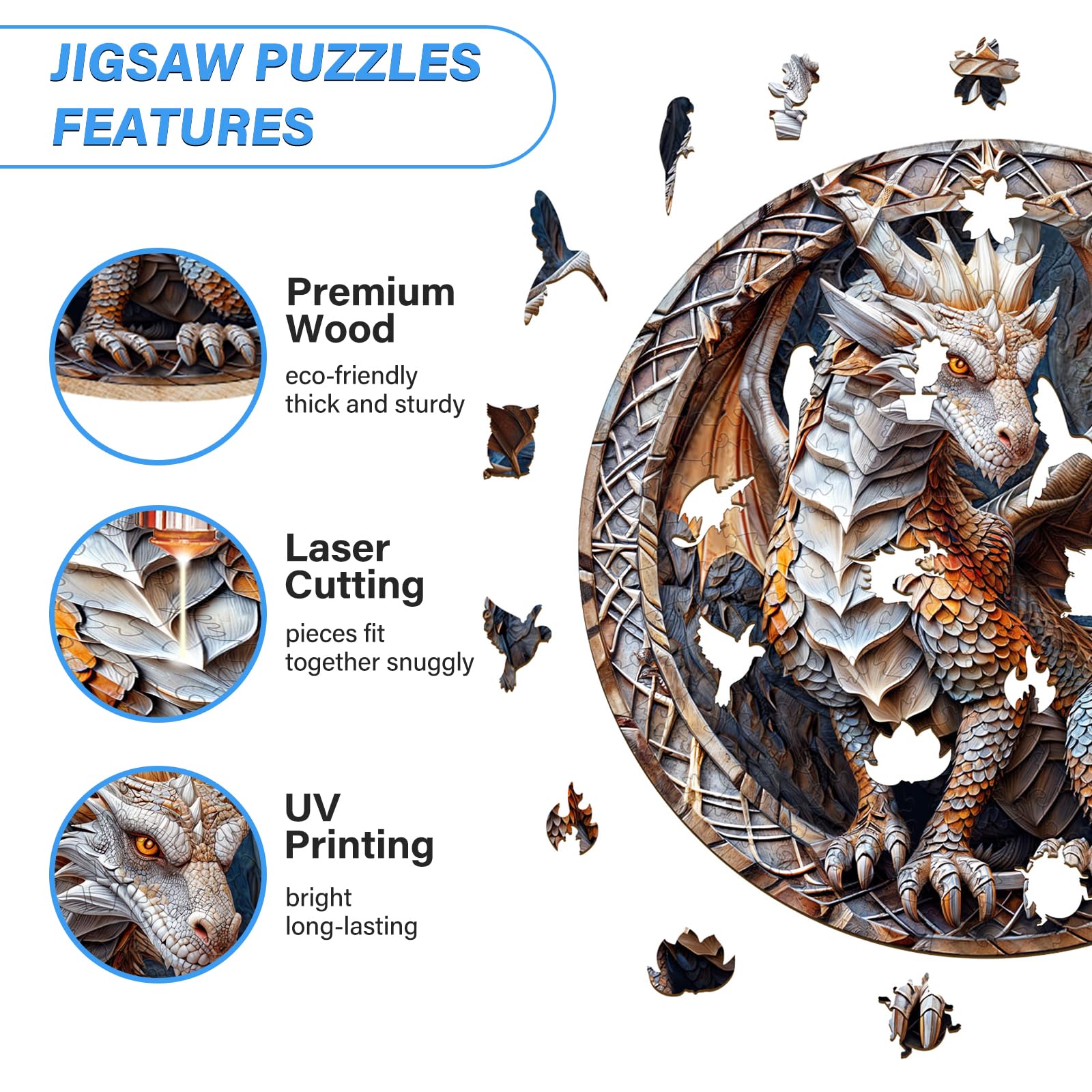 WOODBESTS Wooden Jigsaw Puzzle for Adults – 300 Piece Guardian Dragon, 13.4x13.4 Inches, Unique Shape, Wooden Box