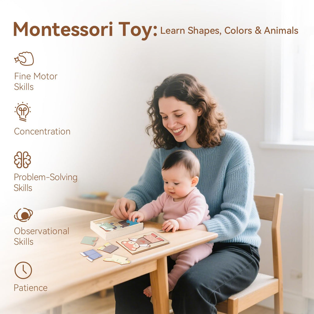 Wooden Animal Dress-Up Puzzle - 21 Mix-and-Match Pieces with Storage Box, Montessori Toy for Ages 3+