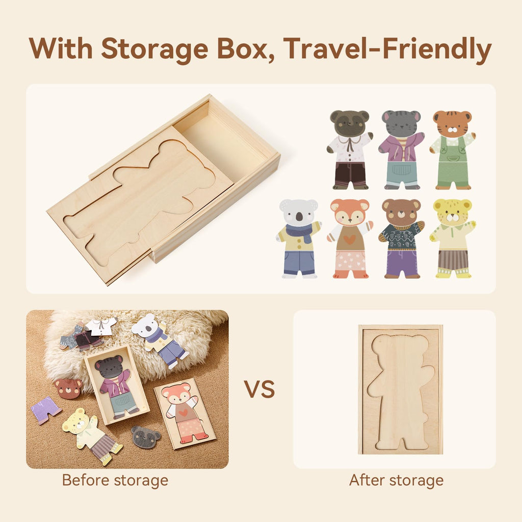 Wooden Animal Dress-Up Puzzle - 21 Mix-and-Match Pieces with Storage Box, Montessori Toy for Ages 3+