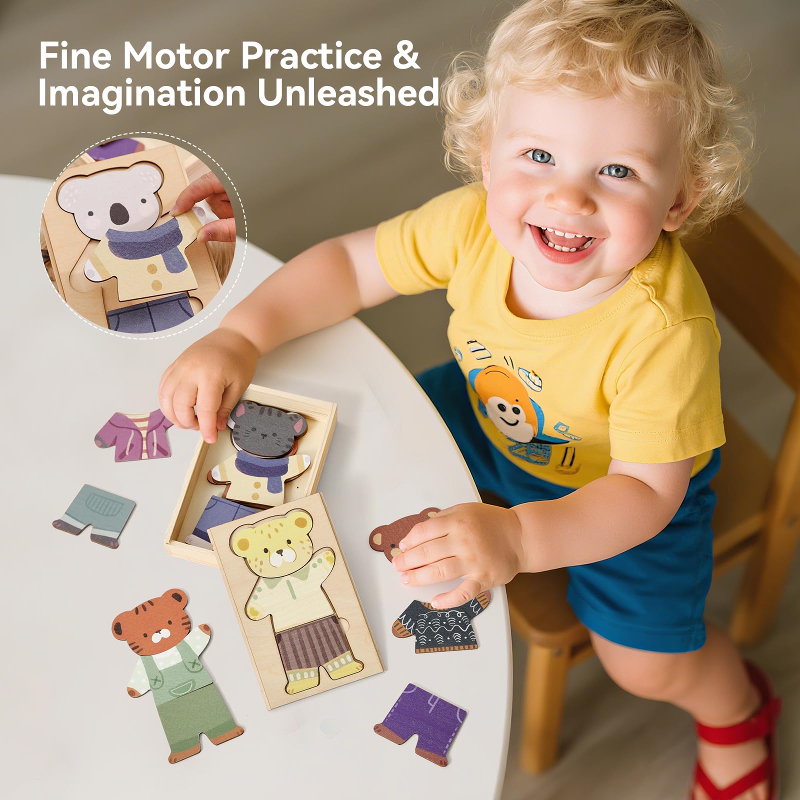 Wooden Animal Dress-Up Puzzle - 21 Mix-and-Match Pieces with Storage Box, Montessori Toy for Ages 3+