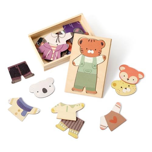 Wooden Animal Dress-Up Puzzle - 21 Mix-and-Match Pieces with Storage Box, Montessori Toy for Ages 3+