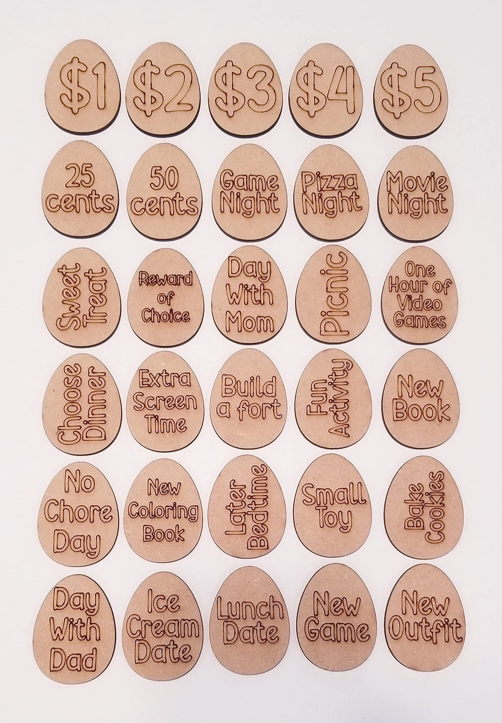 Wooden Easter Egg Tokens 30ct with Gift Bag – 6 Shapes, 30 Engraved Sayings, Custom Personalization Available