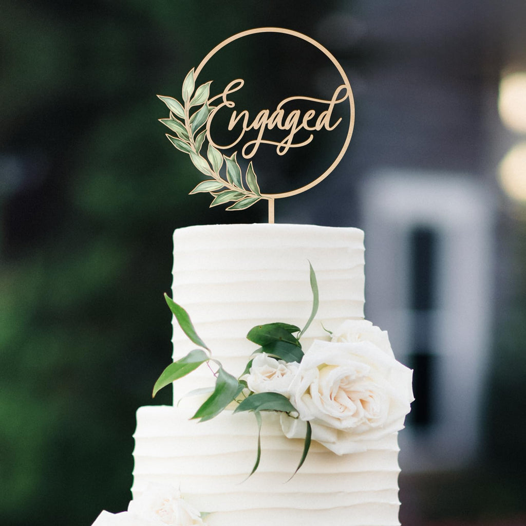 Wooden Engaged Cake Topper – Green Leaf Design by Party to Be, 5.5x8.1 inches