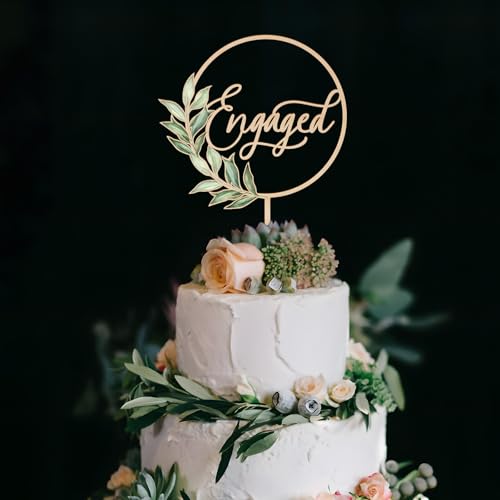 Wooden Engaged Cake Topper – Green Leaf Design by Party to Be, 5.5x8.1 inches
