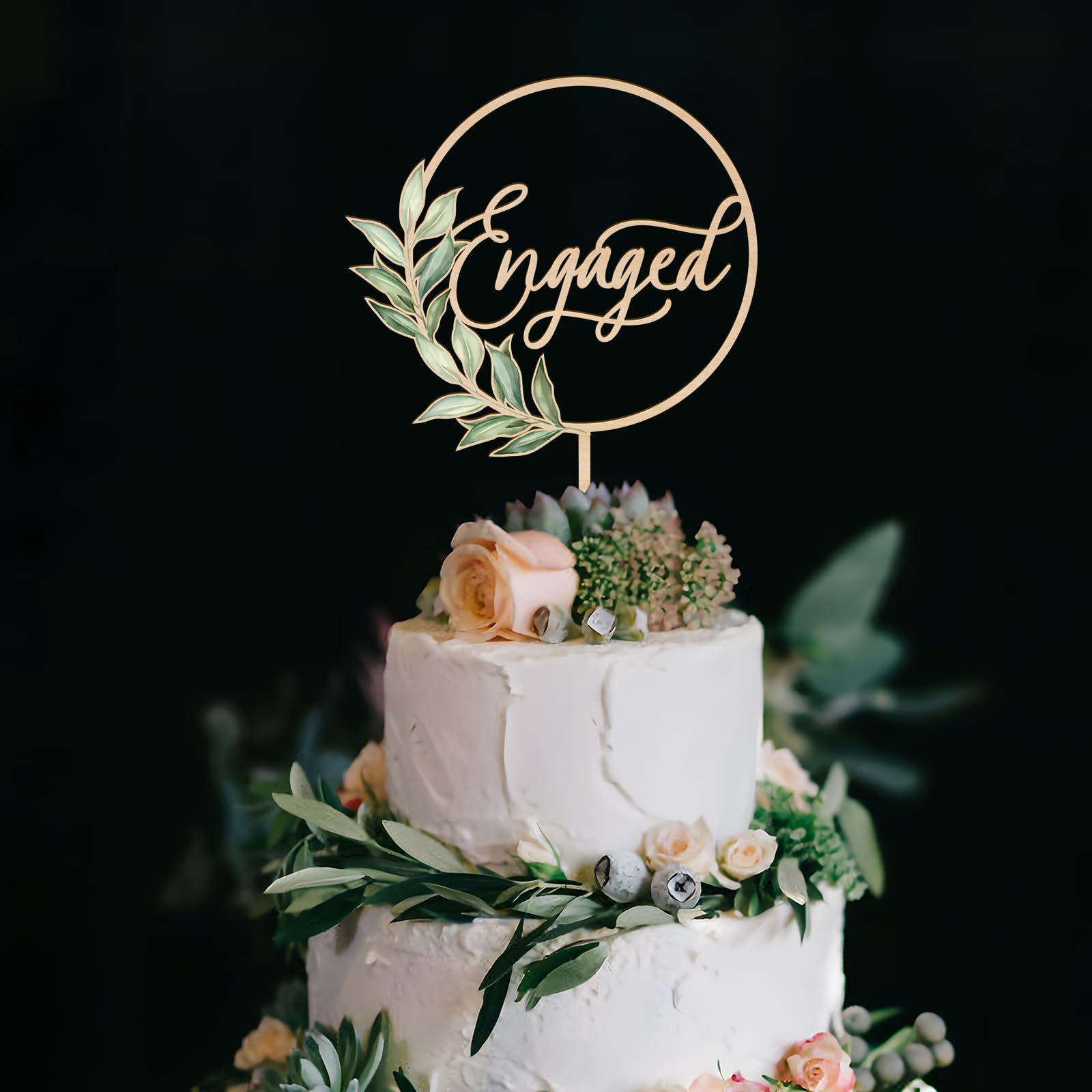 Wooden Engaged Cake Topper – Green Leaf Design by Party to Be, 5.5x8.1 inches