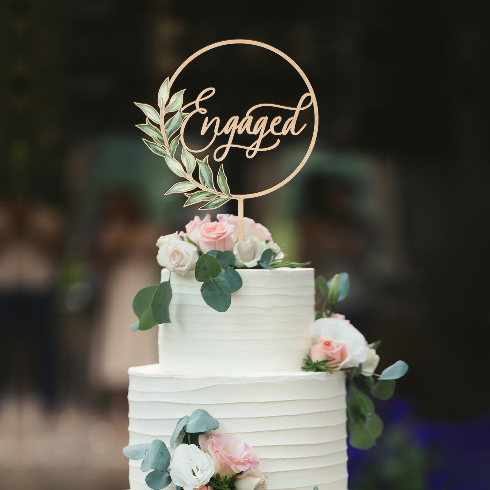 Wooden Engaged Cake Topper – Green Leaf Design by Party to Be, 5.5x8.1 inches