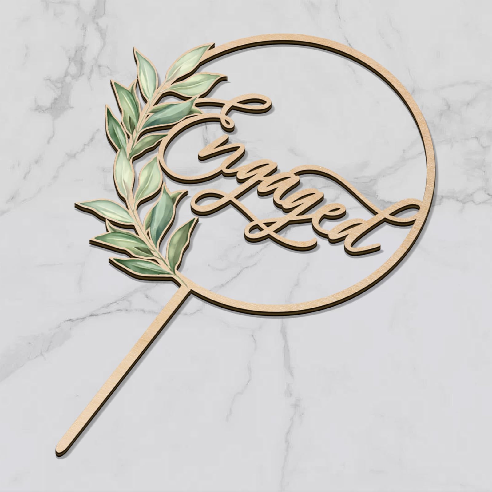 Wooden Engaged Cake Topper – Green Leaf Design by Party to Be, 5.5x8.1 inches