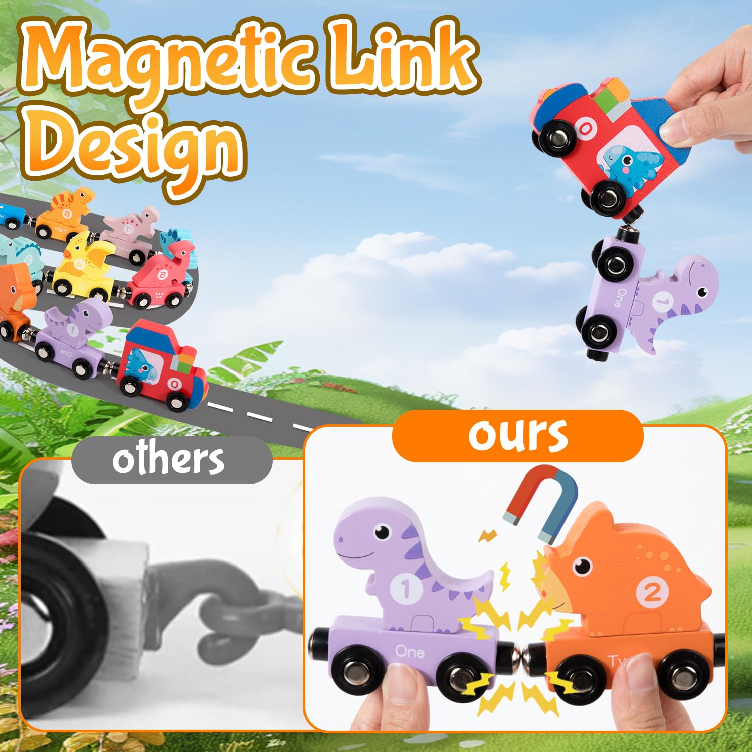 Wooden Magnetic Dinosaur Train Set for Toddlers 1-3 – Educational Toy with Numbers, Colors, and Storage Bag