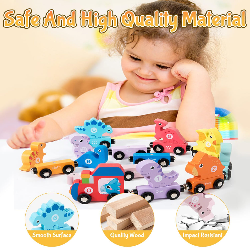 Wooden Magnetic Dinosaur Train Set for Toddlers 1-3 – Educational Toy with Numbers, Colors, and Storage Bag