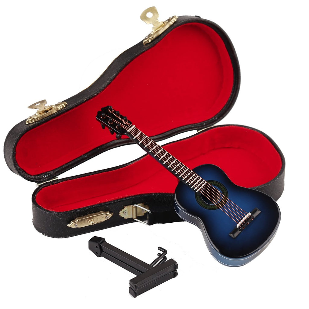 Wooden Miniature Guitar Replica – Blue, with Stand and Case, 5.12-Inch Collectible Display Model